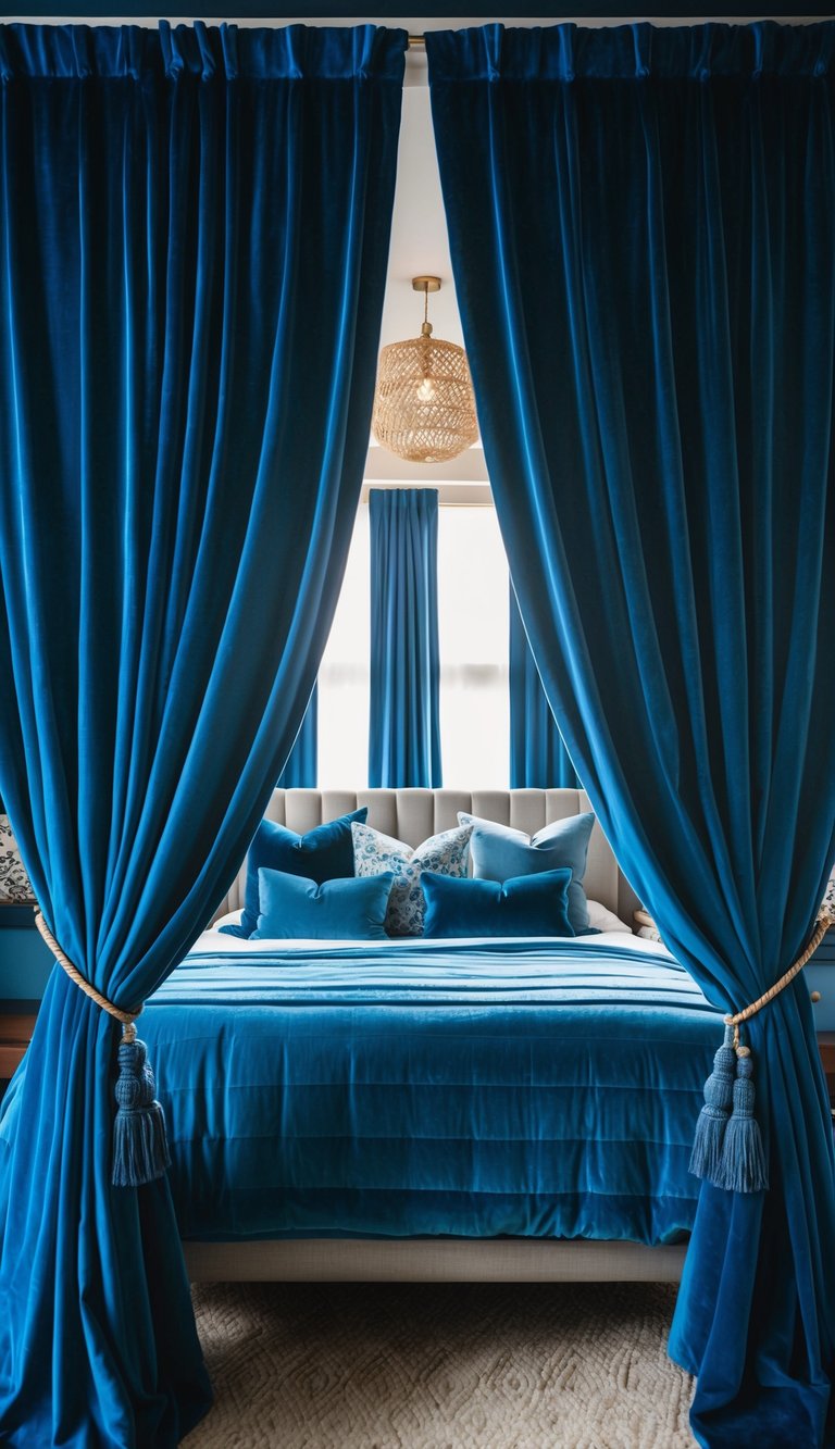 Deep blue velvet drapes frame a cozy bedroom with various shades of blue decor