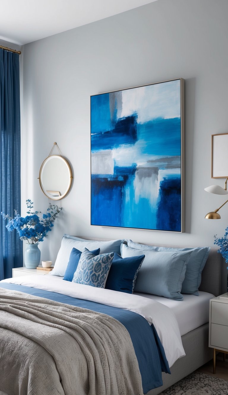 An abstract painting with blue and gray hues hangs in a serene bedroom with 33 blue decor ideas