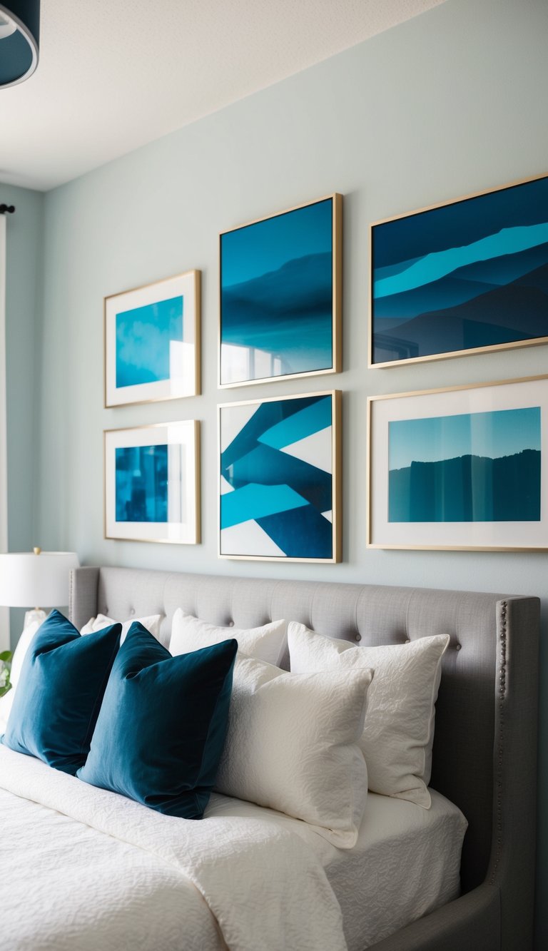 A gallery wall with various shades of blue artwork in a bedroom setting