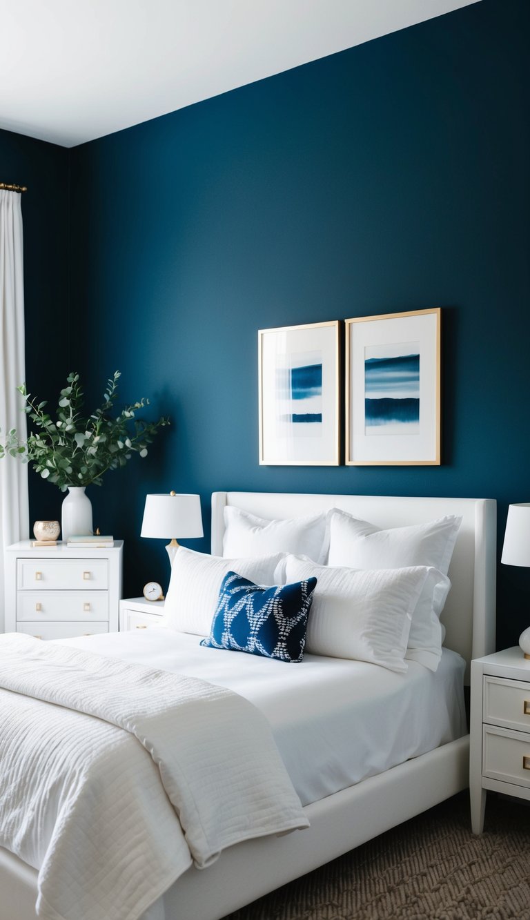 A navy blue accent wall contrasts with crisp white furniture in a serene bedroom setting