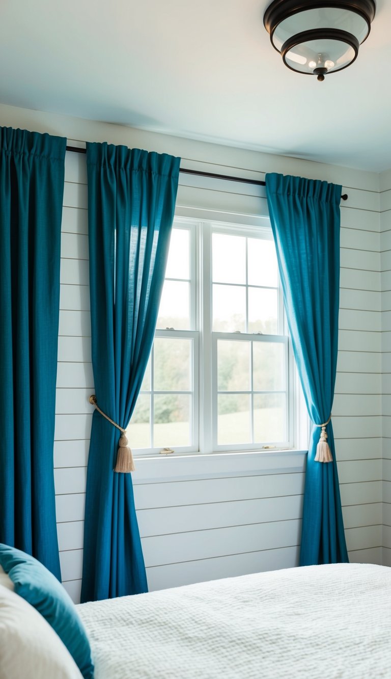 White shiplap walls with blue curtains in a serene bedroom setting