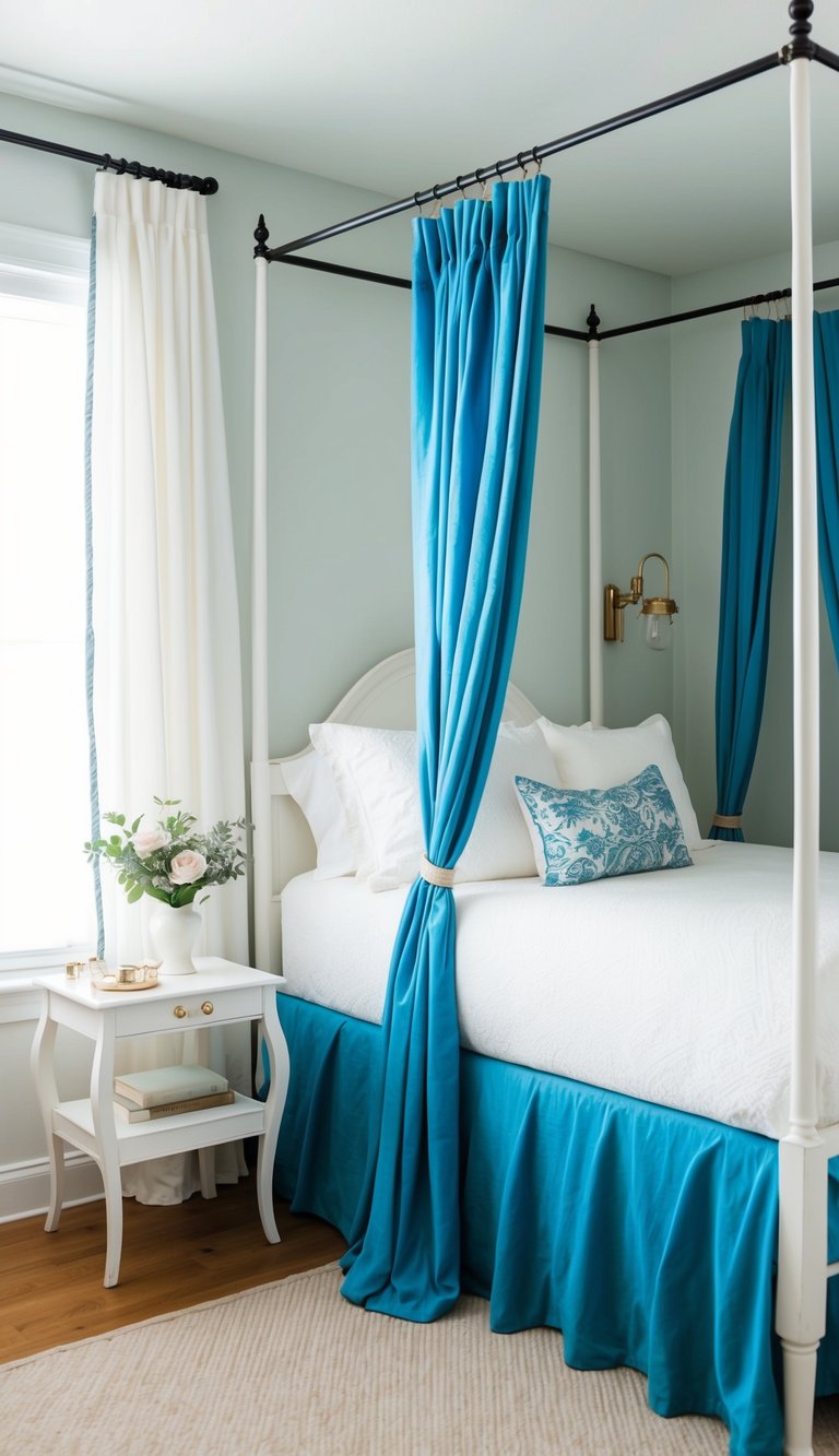 A white canopy bed with blue drapes in a serene bedroom setting