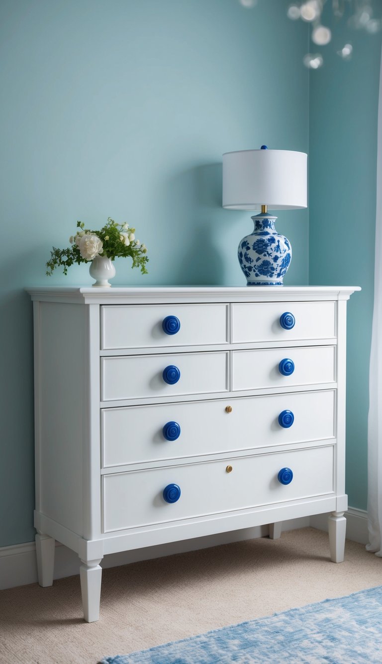 A white dresser with blue ceramic knobs stands against a pale blue wall in a serene bedroom