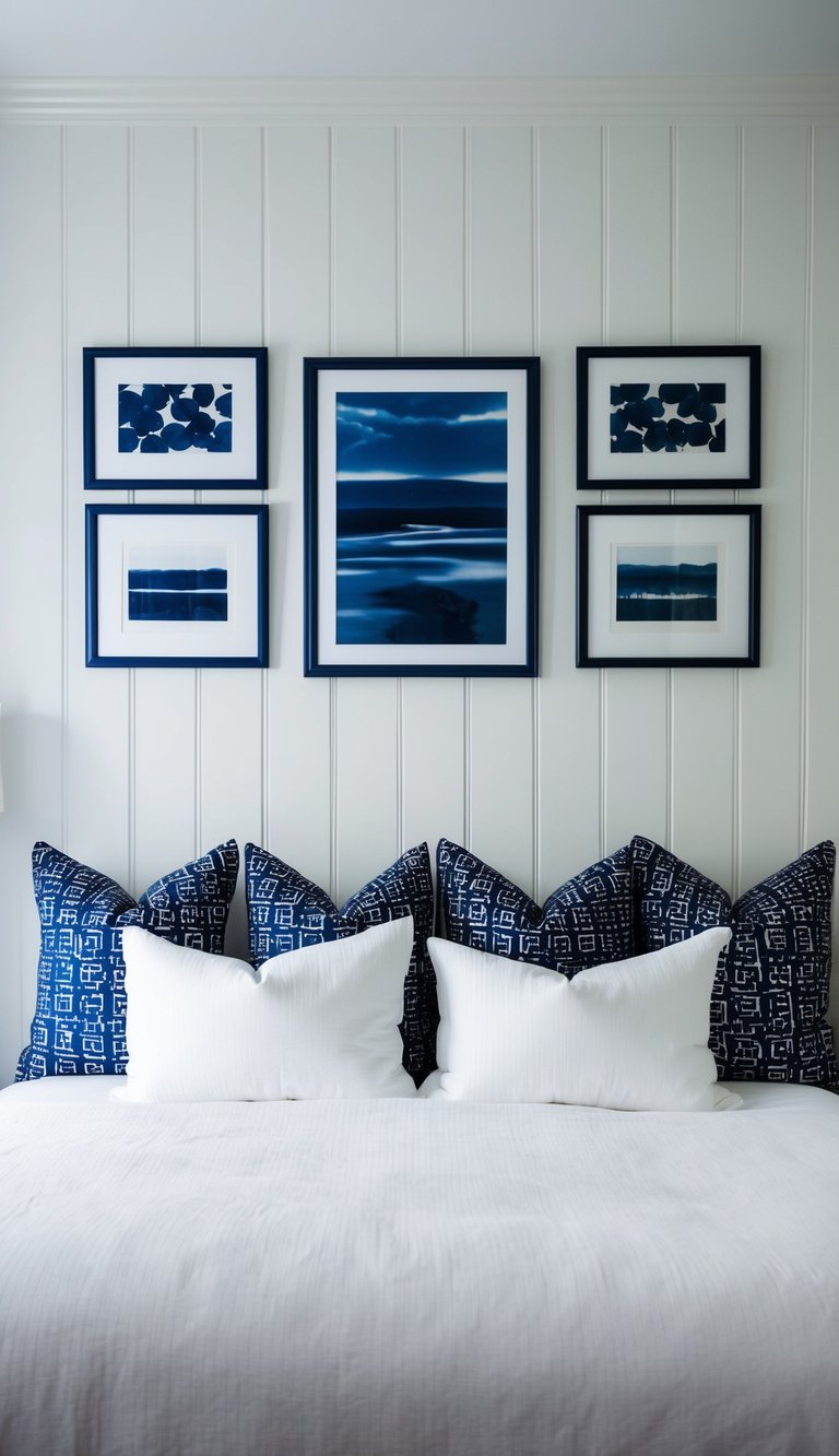 White paneled walls with navy blue art frames decorate a serene bedroom