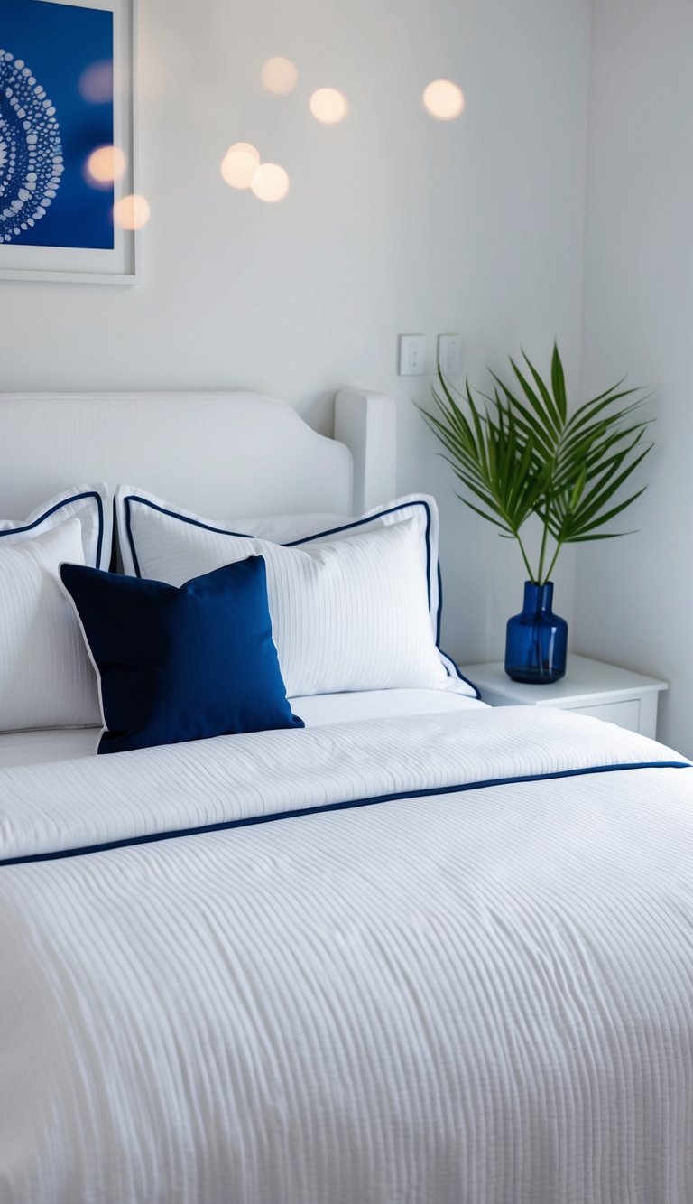 A white bedspread with navy blue piping on a neatly made bed in a white and blue themed bedroom