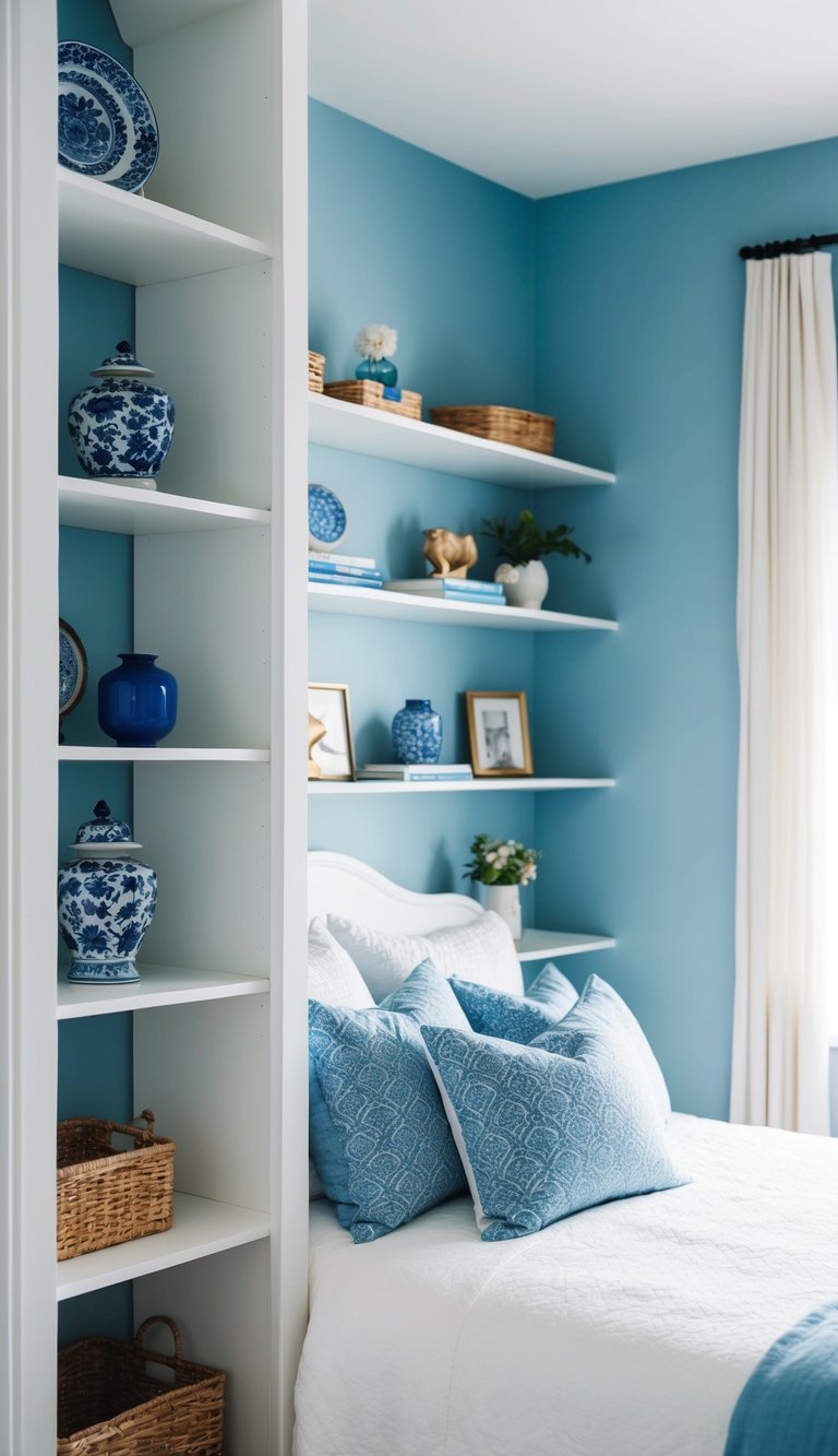 White shelves hold blue decor in a serene bedroom