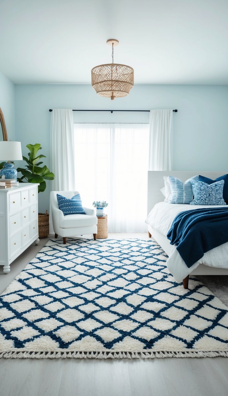 A white rug with blue geometric patterns sits in a serene bedroom, surrounded by white and blue decor
