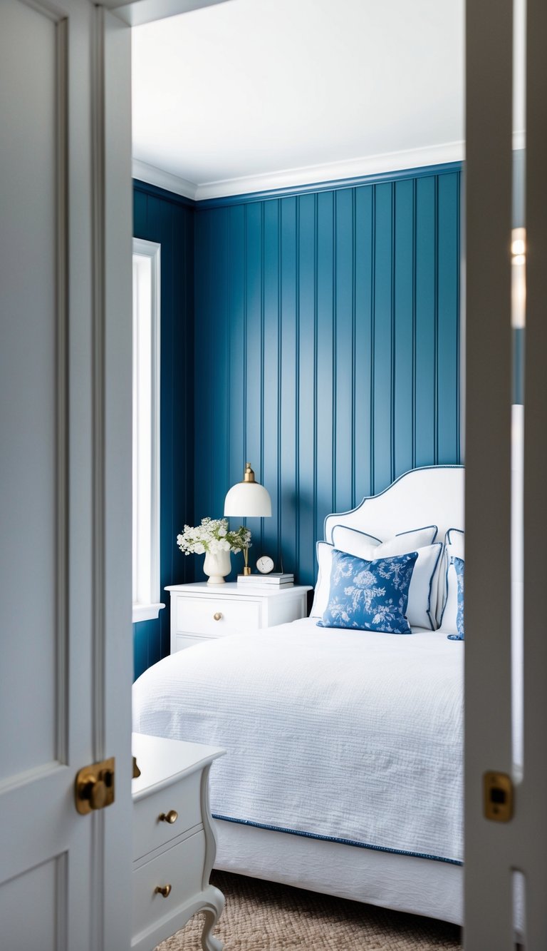 Blue beadboard walls contrast with white furniture in a serene bedroom setting
