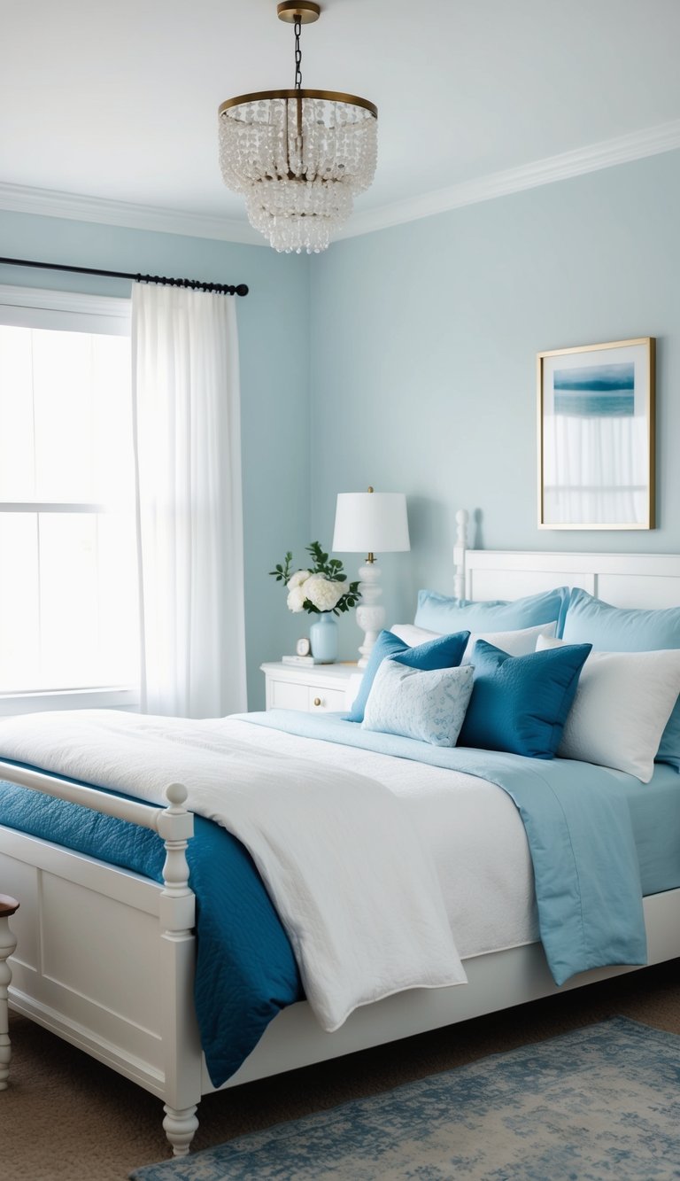 A white bedroom set with blue bedding accessories, creating a serene and calming atmosphere