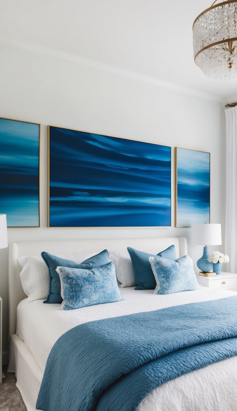 Blue abstract art adorns white walls in a serene bedroom