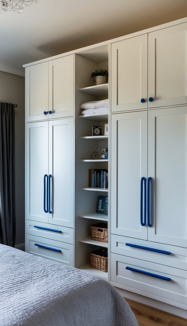 A bedroom with white built-in wardrobes featuring blue handles