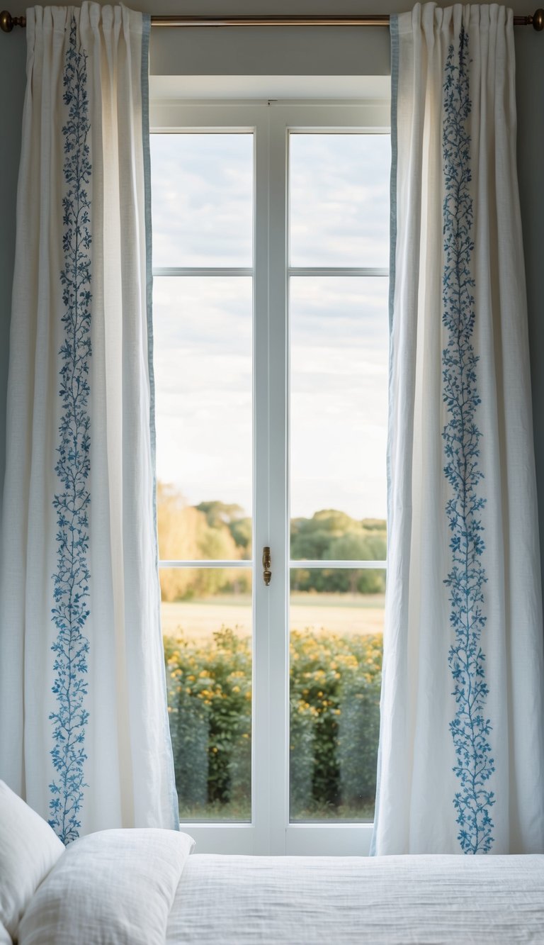 White linen curtains with subtle blue embroidery frame a serene bedroom