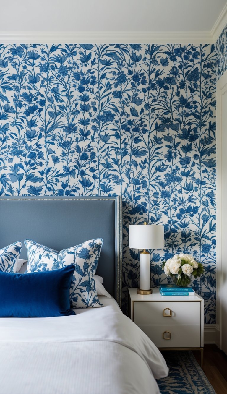 A bedroom with blue and white botanical wallpaper accent