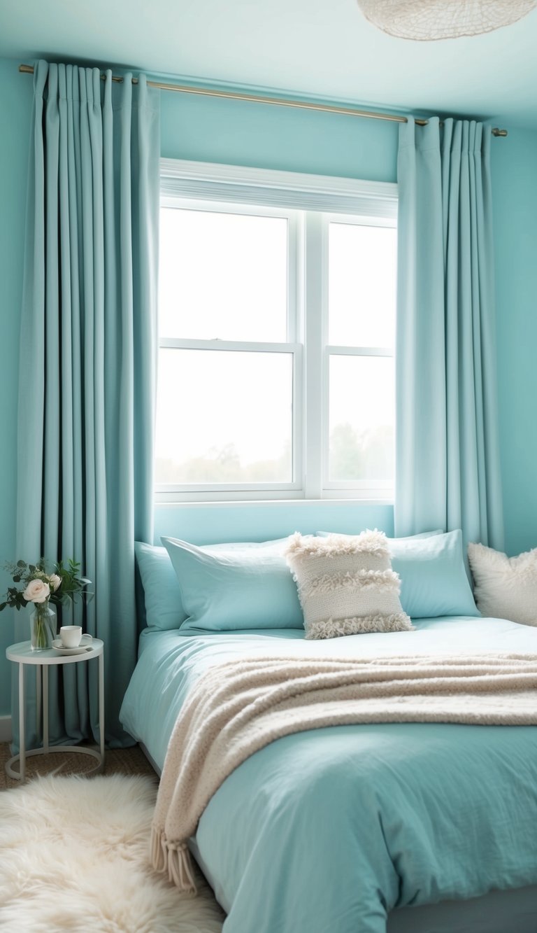 A light blue bedroom with a cozy bed, soft curtains, and a fluffy rug. A large window lets in natural light, creating a serene and calming atmosphere