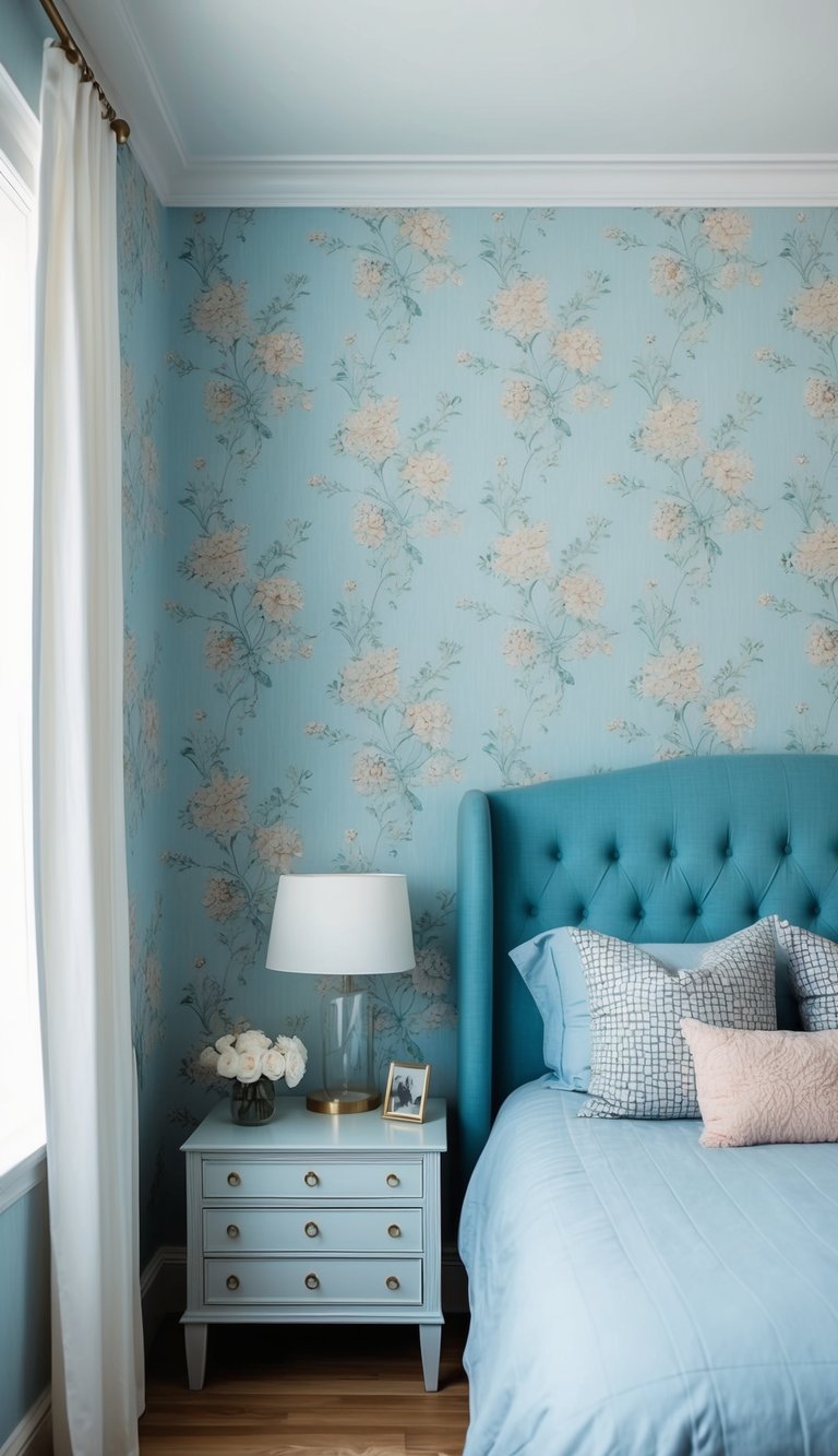 A light blue bedroom with subtle floral wallpaper