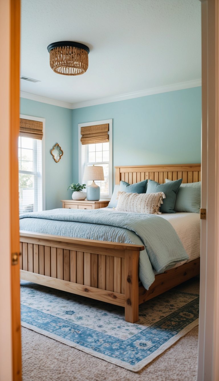 A cozy bedroom with natural wood furniture accented by light blue walls and decor