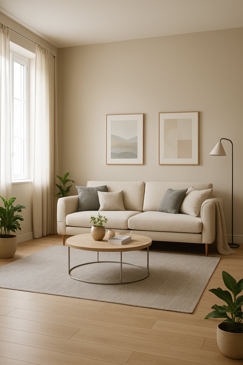 A spacious living room with a beige sofa, gray rug, coffee table, and large windows letting in natural light.
