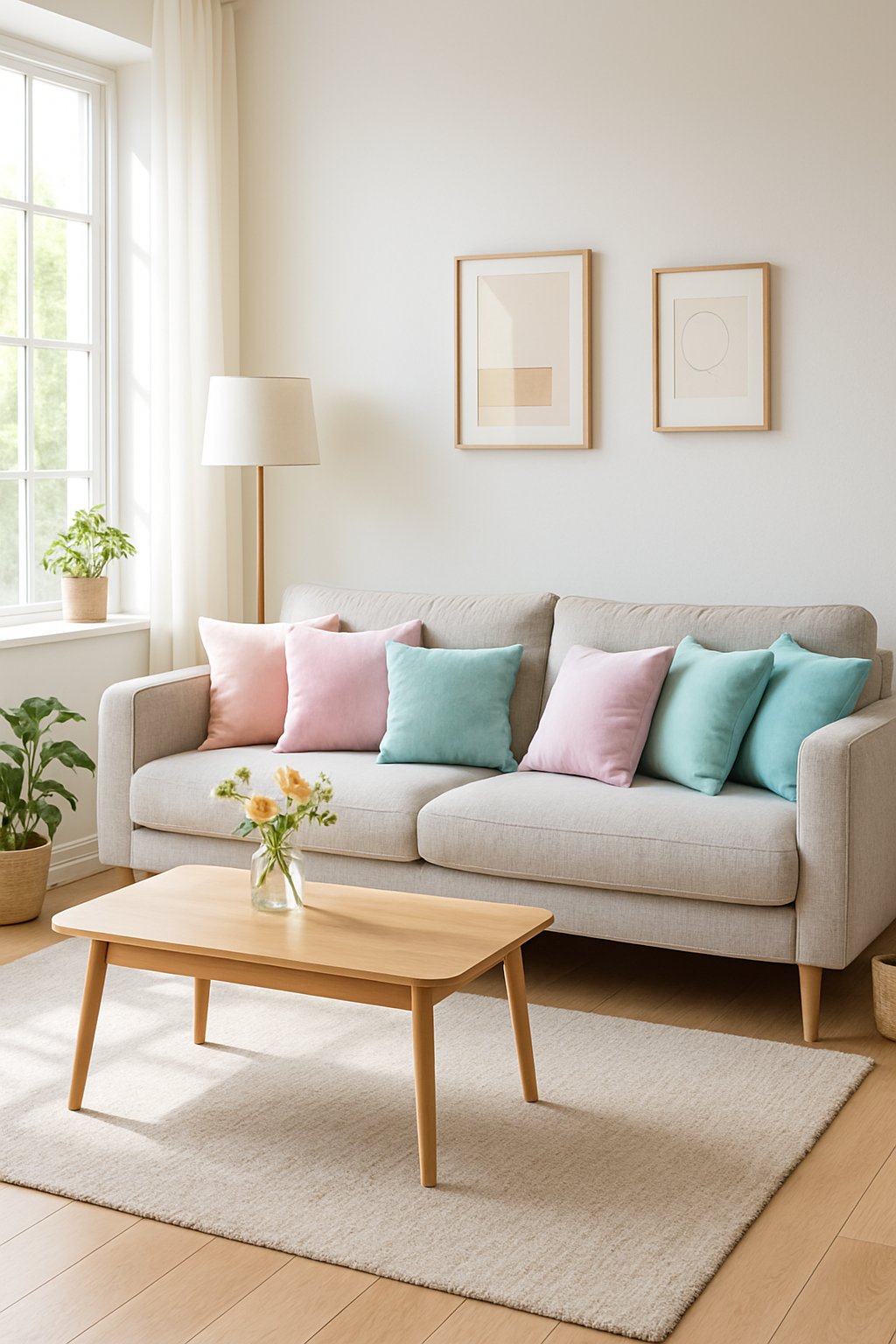 A living room with a sofa covered in pastel-colored throw pillows, a wooden coffee table with flowers, and natural light coming through large windows.