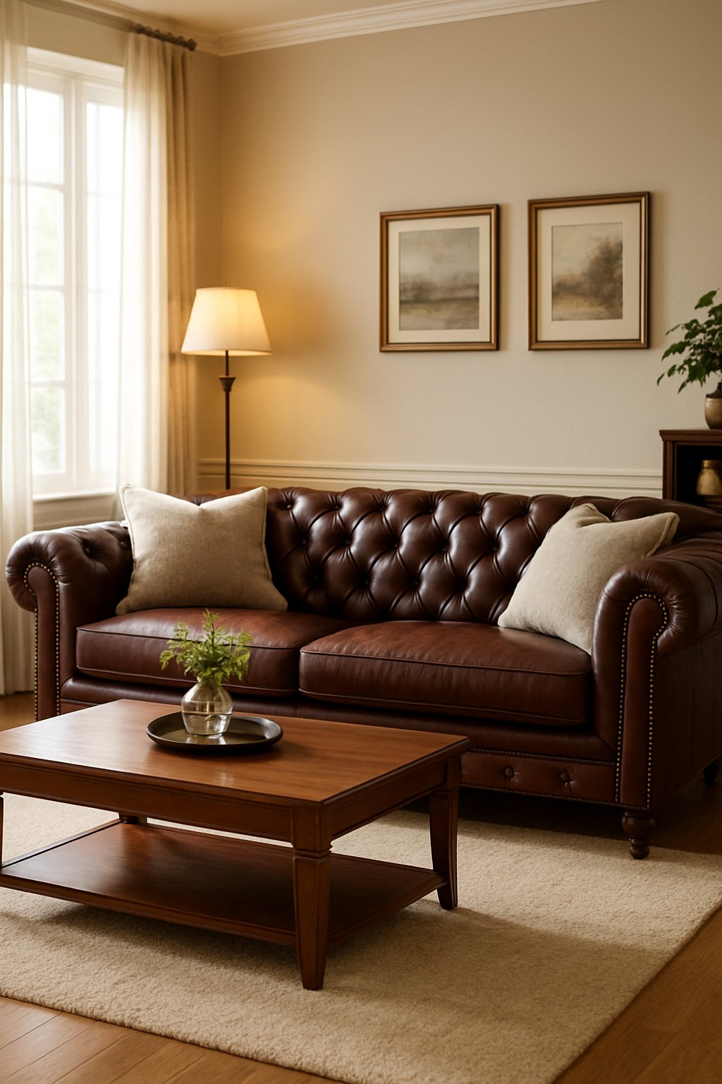 A living room with a brown leather Chesterfield sofa, wooden coffee table, bookshelf, plants, and soft natural lighting.