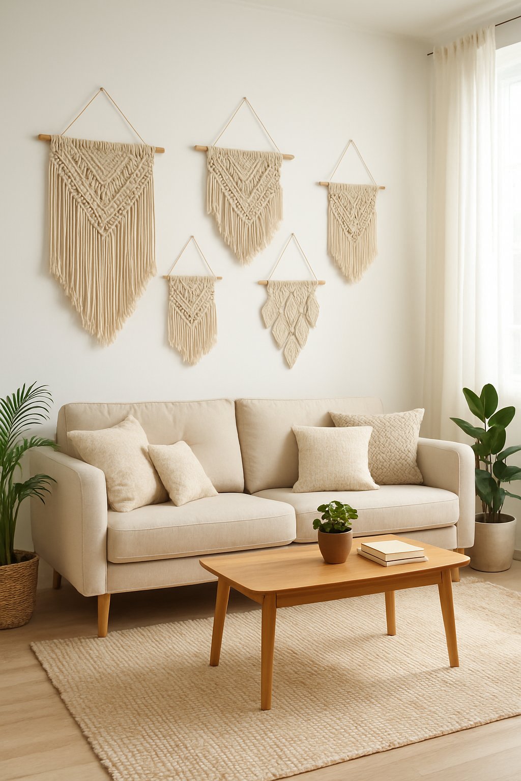 A living room with a sofa, coffee table, plants, and macrame wall hangings on a white wall.
