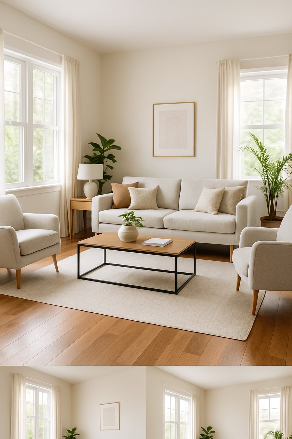A bright living room with hardwood floors, area rugs, a sofa, armchairs, coffee table, plants, and large windows letting in natural light.