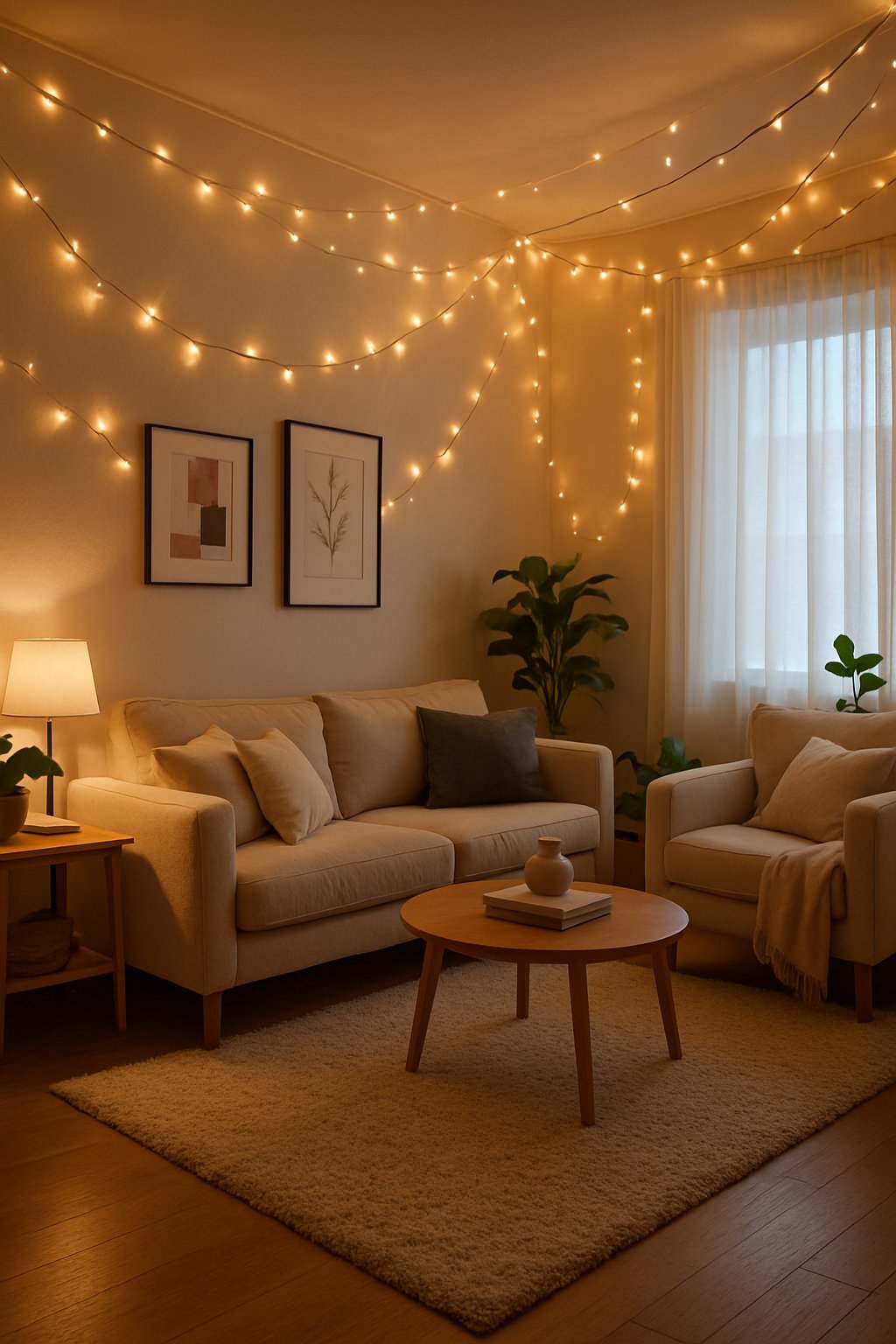 A cozy living room with fairy lights draped on the walls, comfortable seating, plants, and warm ambient lighting.