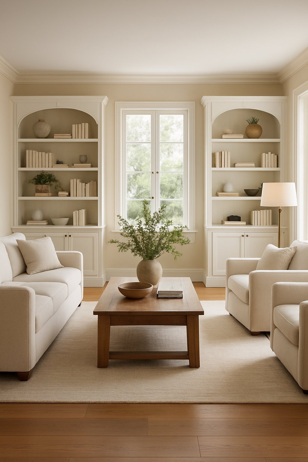 A living room with built-in shelves filled with books and decorations, comfortable seating, and natural light coming through large windows.