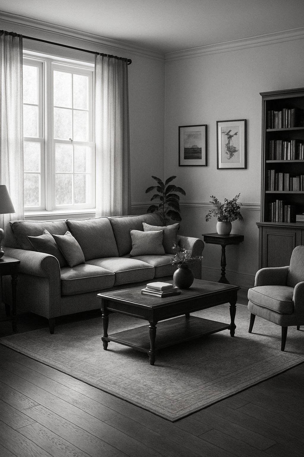 A living room with a sofa, coffee table, armchair, bookshelf, and large windows letting in natural light.