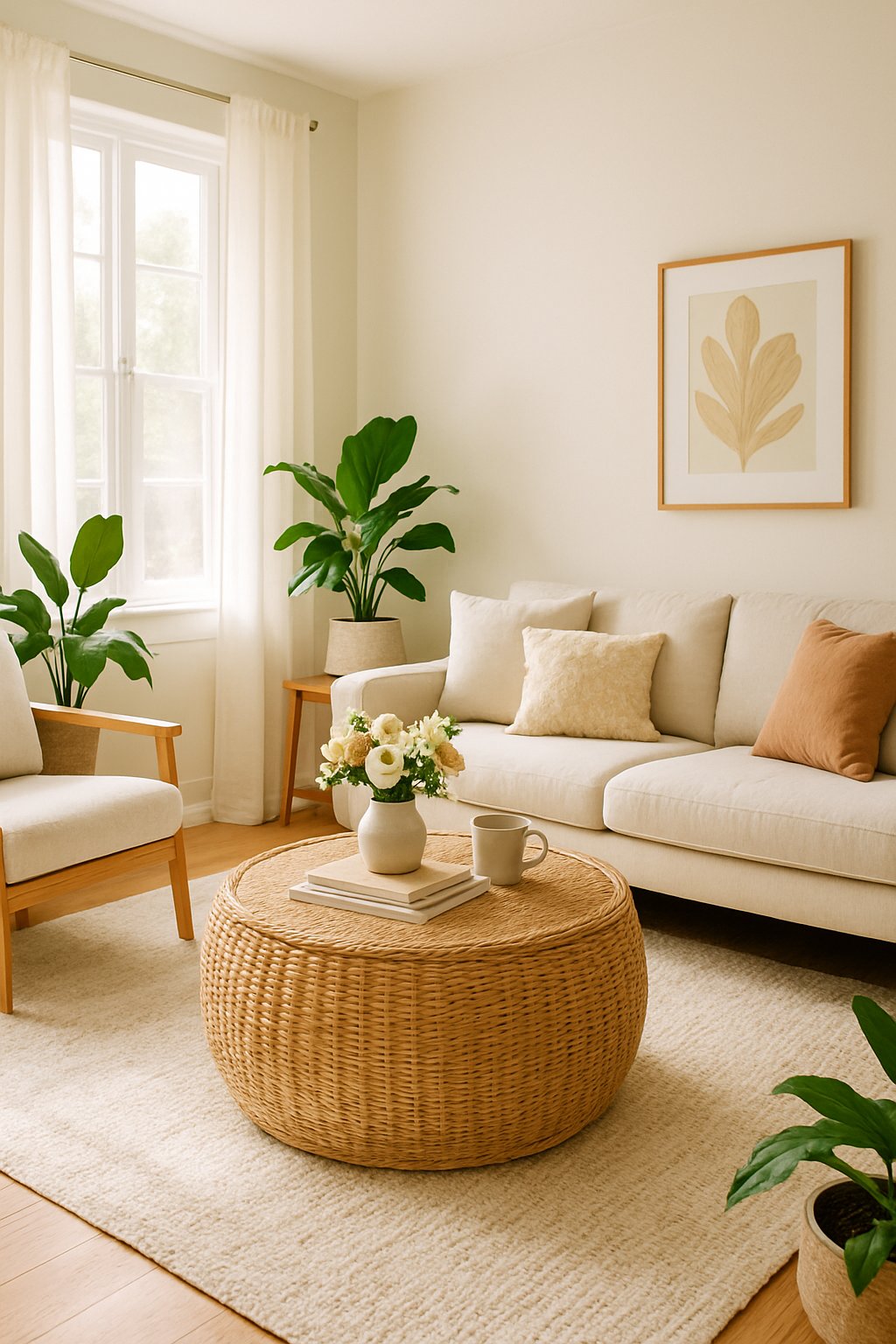 Living room with a rattan coffee table surrounded by a sofa, armchair, plants, and natural light.