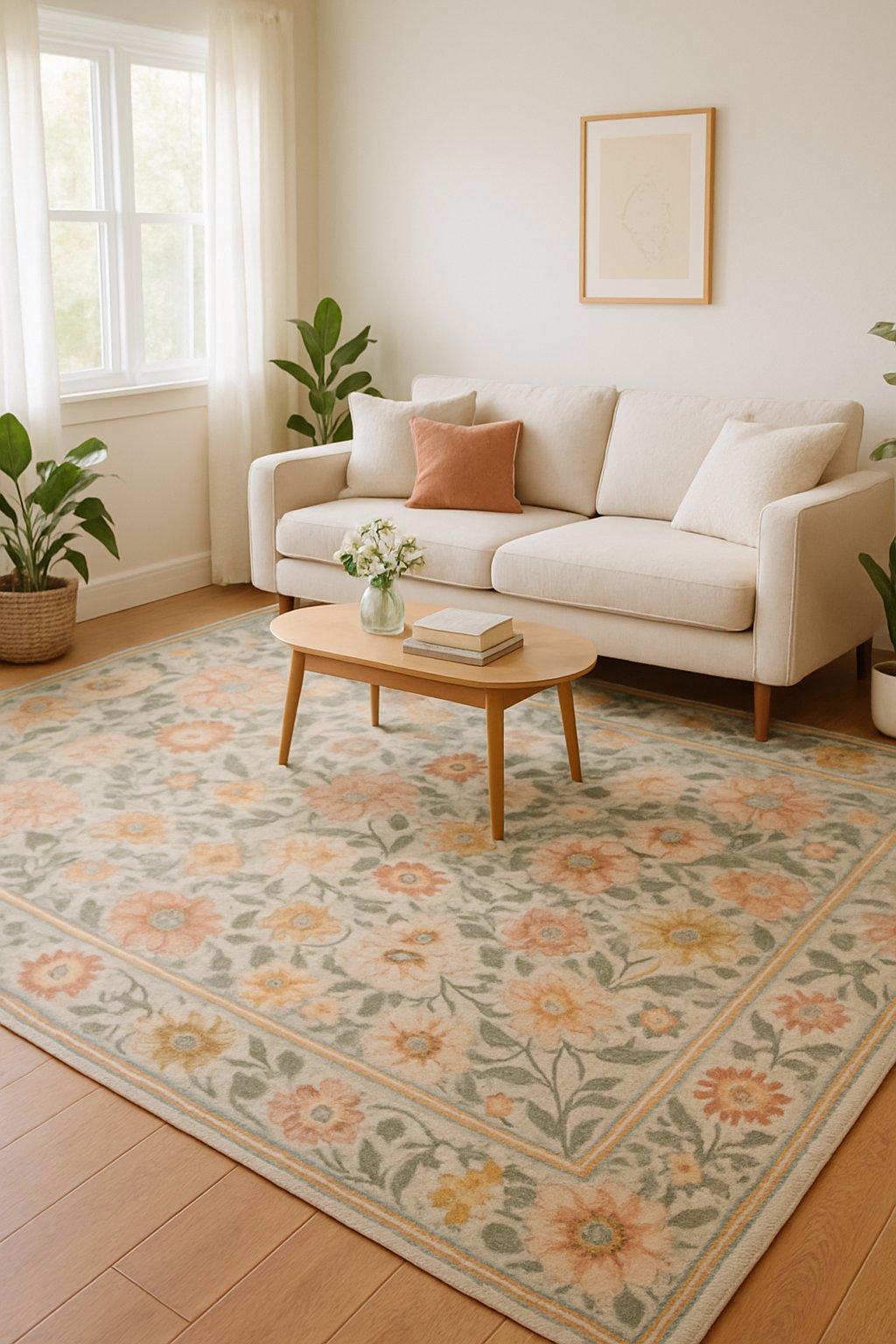 A bright living room with a floral patterned area rug, a sofa, coffee table, and indoor plants.