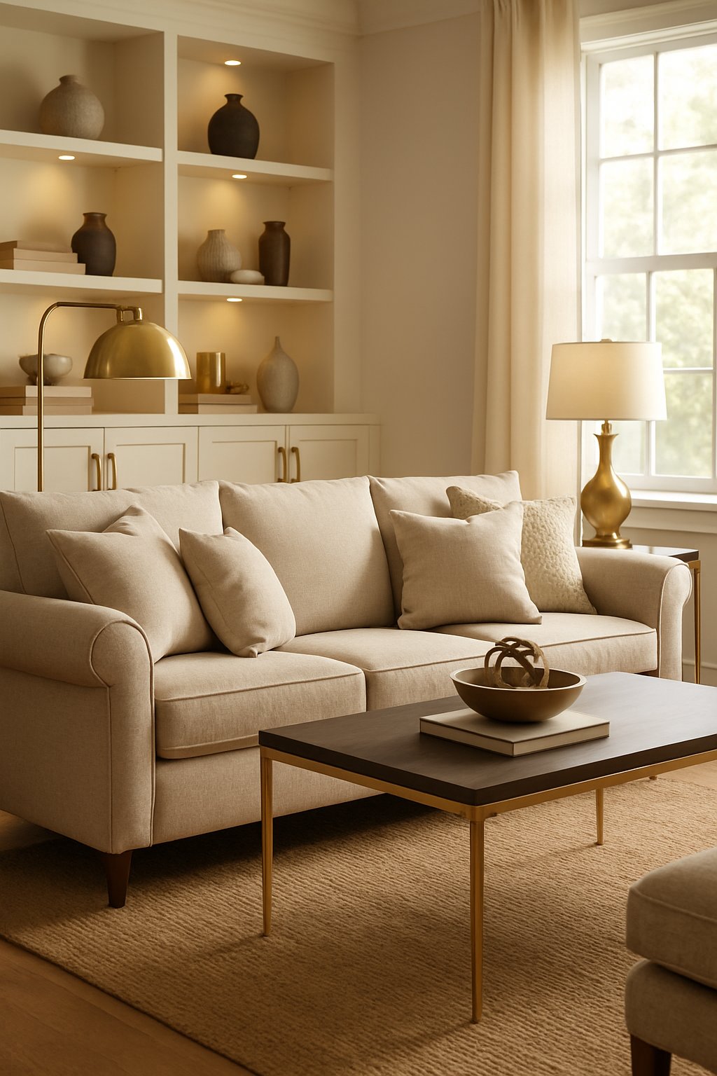 Living room with sofa, coffee table, shelves, and brass and gold accent hardware under natural light.