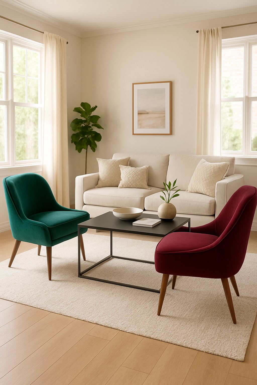 A living room with two velvet chairs, a coffee table, plants, and a sofa in a bright and cozy space.