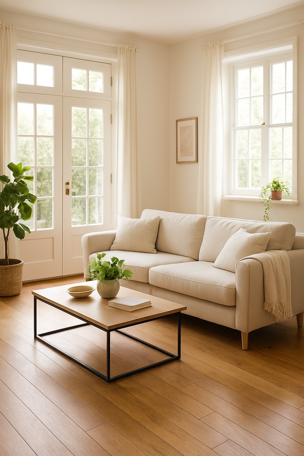 A bright living room with French doors and large windows letting in natural light, furnished with a sofa, coffee table, and plants.