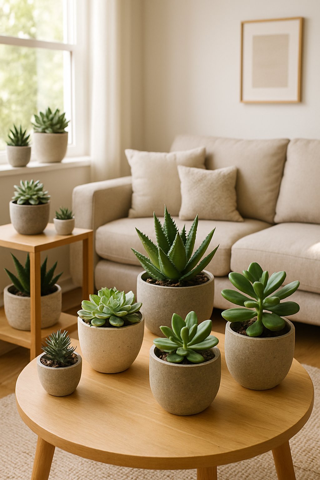 A living room with various succulent plants arranged on shelves, tables, and windowsills, surrounded by furniture and natural light.