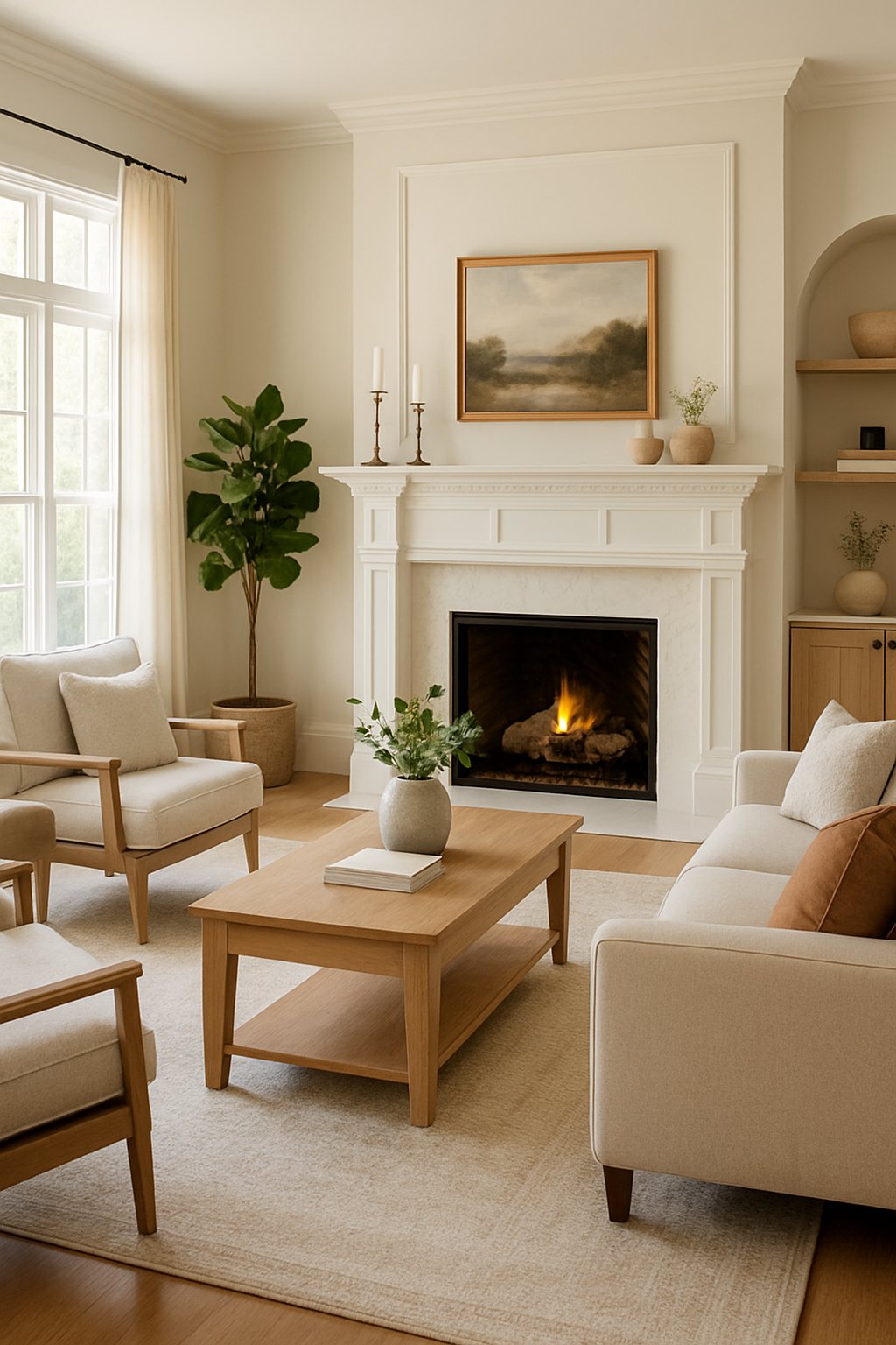 A bright living room with a large fireplace mantel, comfortable seating, and decorative items arranged around it.