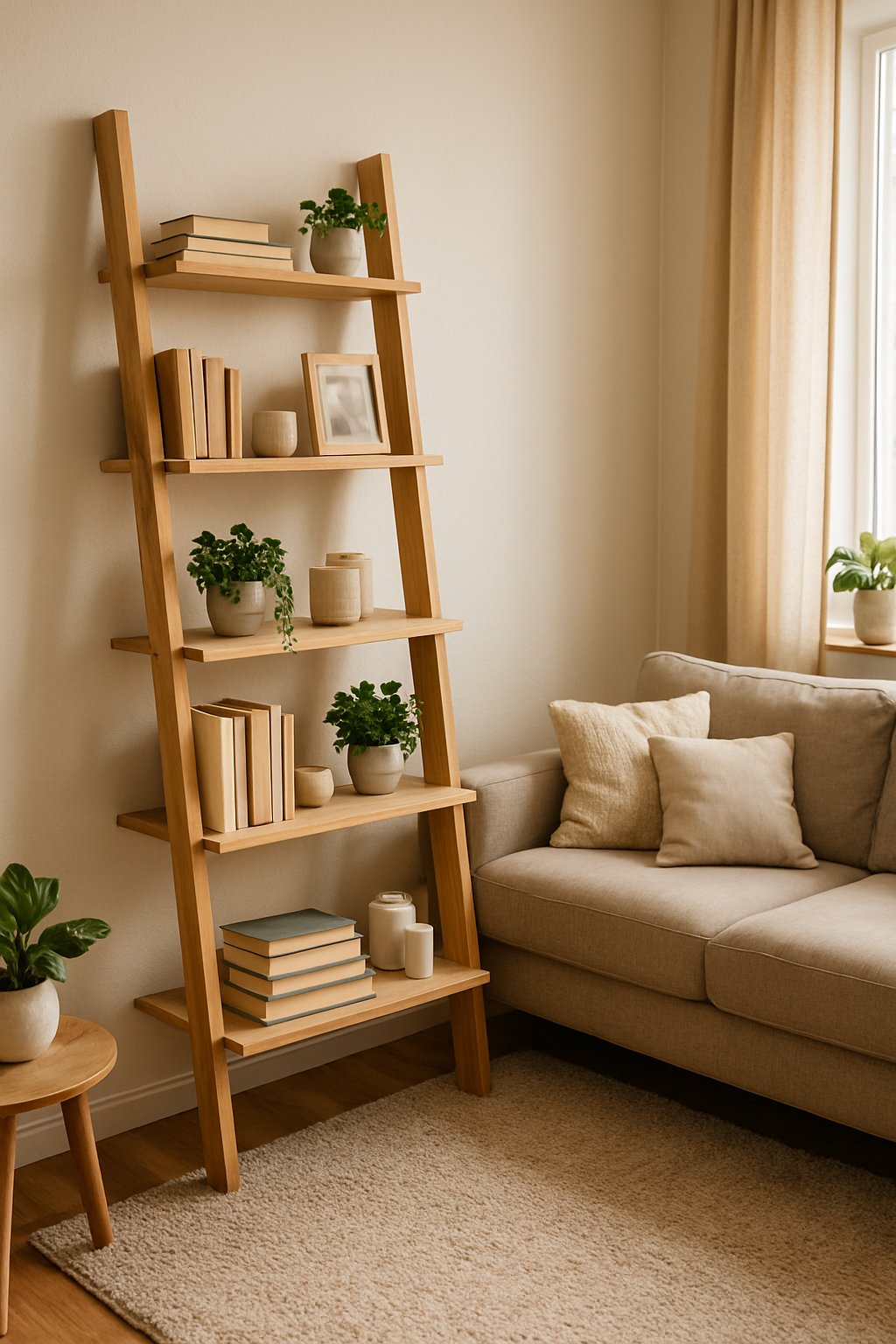 A living room with a wooden ladder bookshelf filled with books, plants, and decorative items next to a sofa.