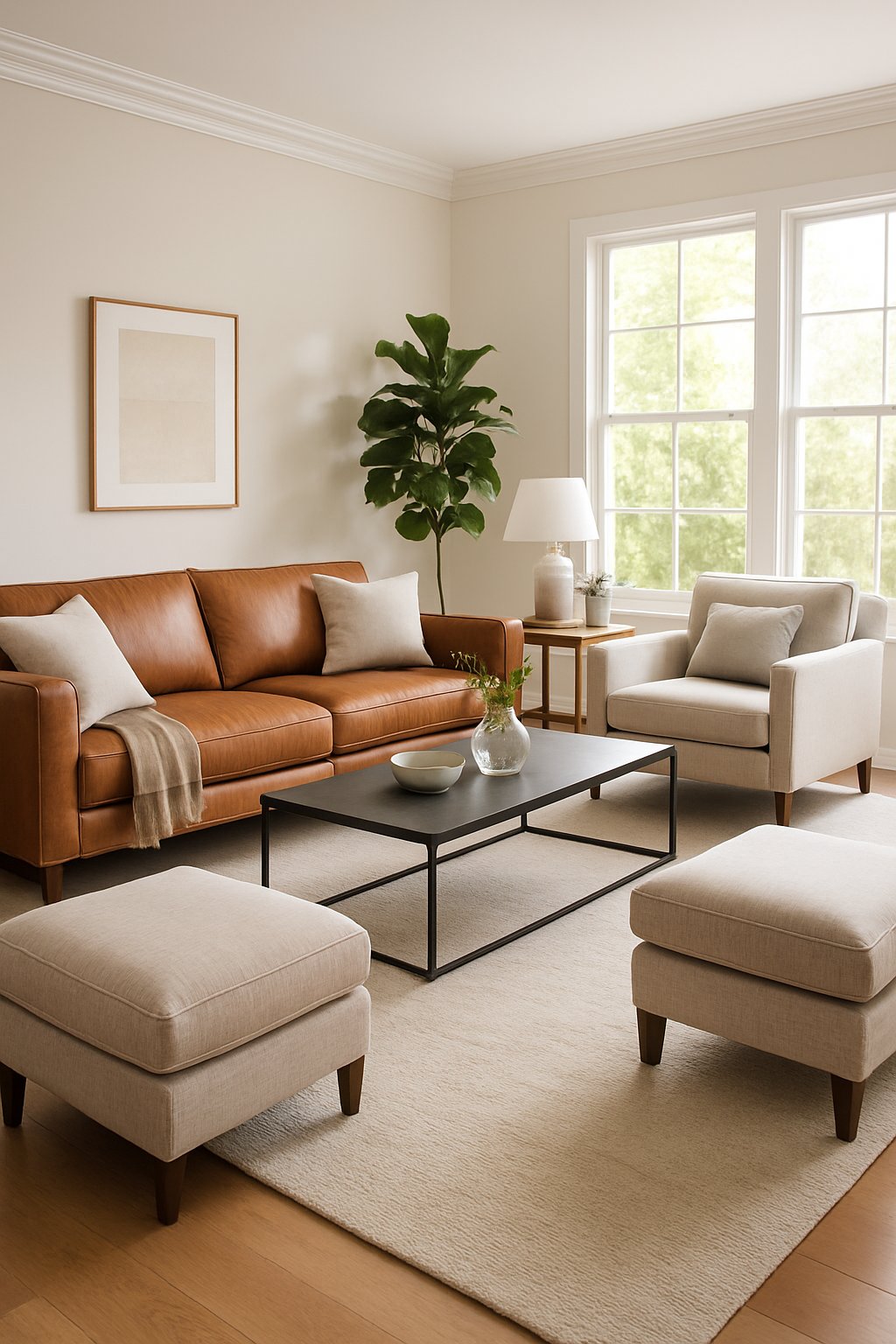 A spacious living room with a leather sofa, fabric armchairs, coffee table, and natural light coming through large windows.