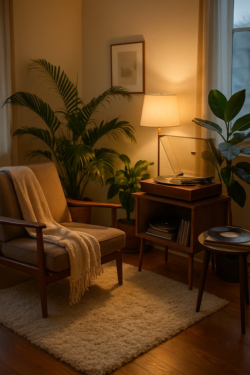 A living room corner with a vintage record player, armchair, plants, and a side table with vinyl records.