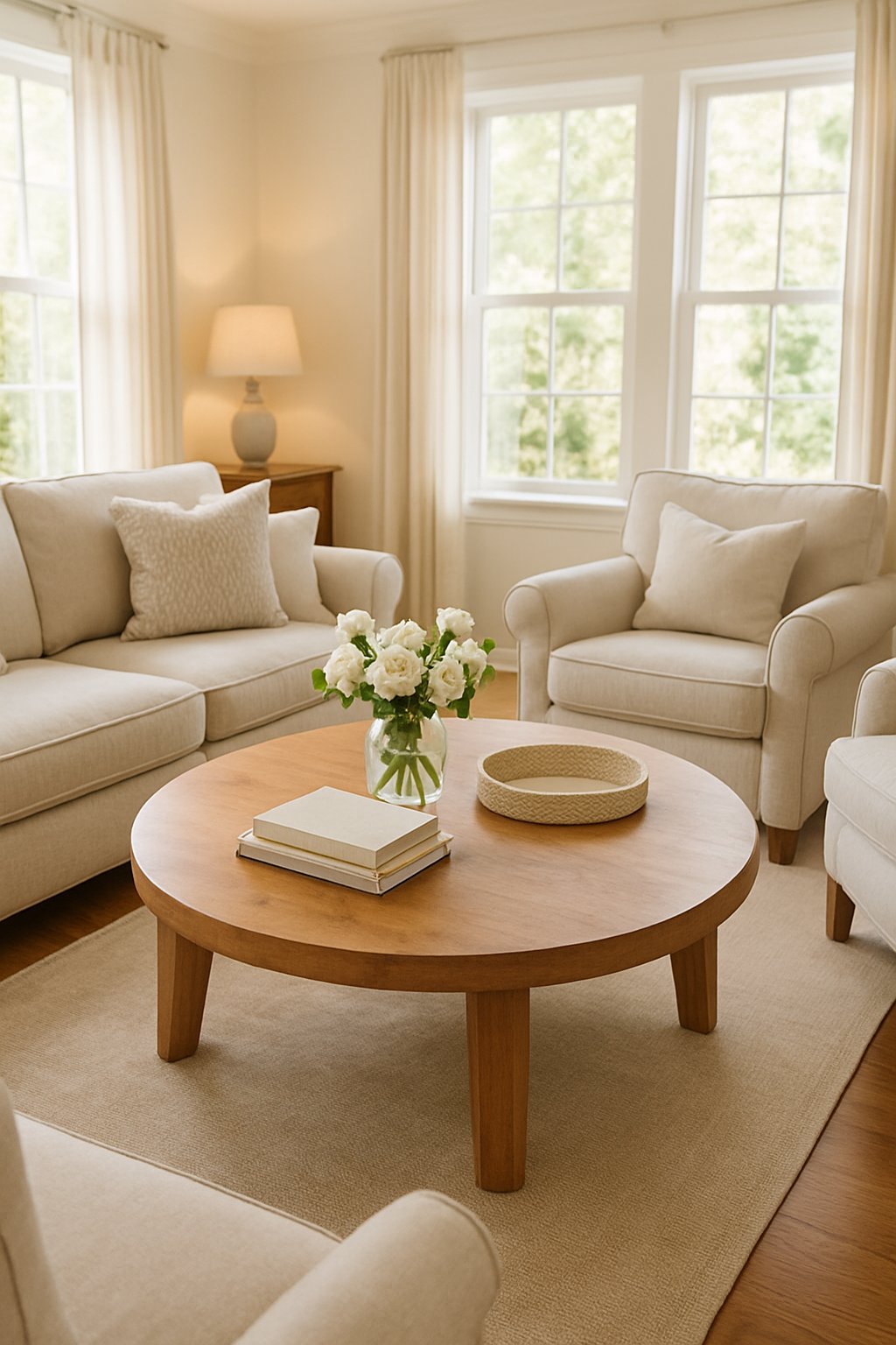 A living room with a round wooden coffee table surrounded by a sofa and armchairs, with natural light coming through large windows.