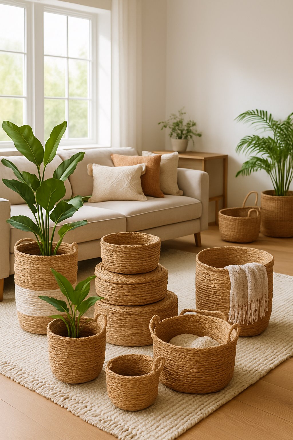 A living room with woven baskets used for storage and plants, featuring a sofa, cushions, and natural light.