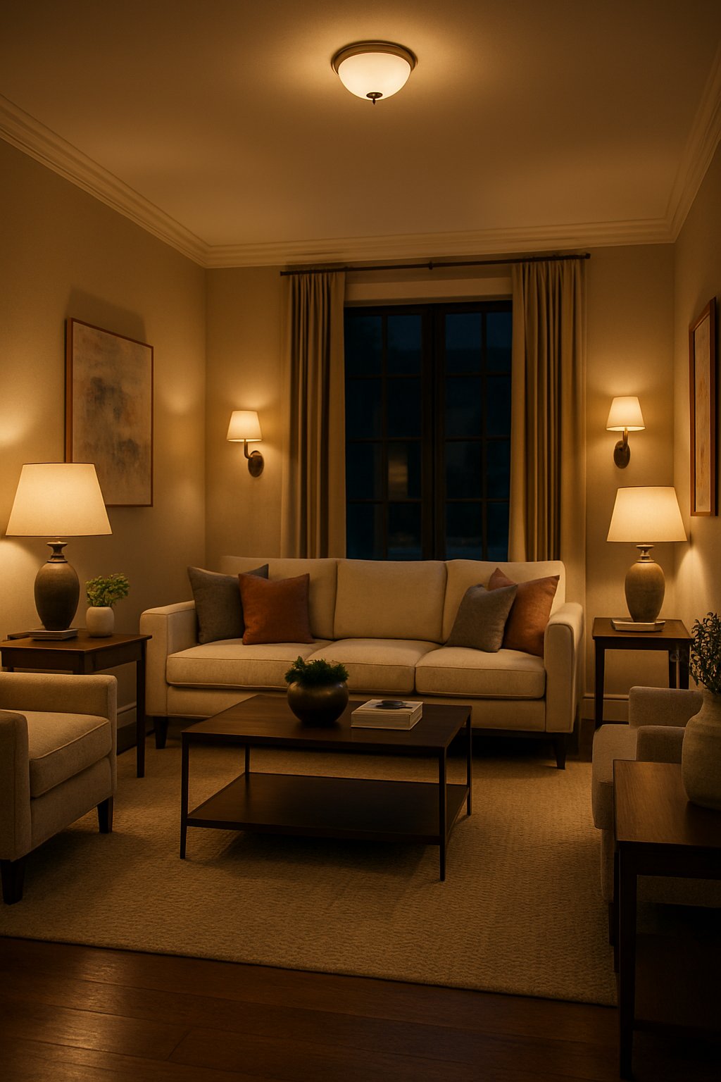 A living room with sofas, a coffee table, lamps on side tables, wall sconces, and large windows letting in natural light.