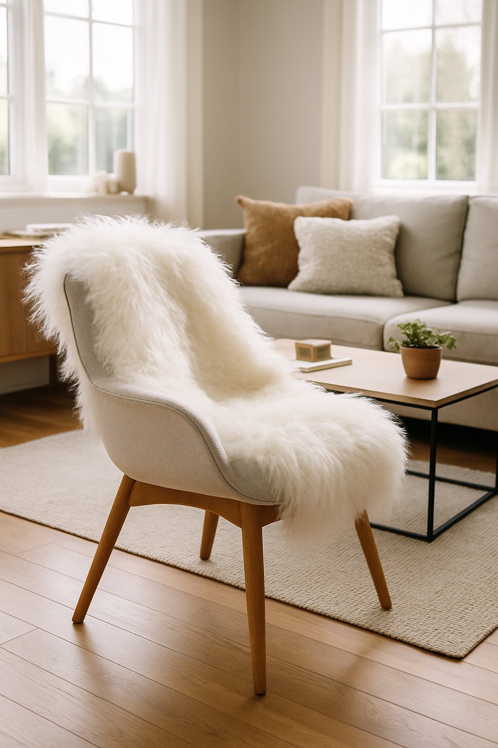 Living room with a white sheepskin throw blanket on an armchair, natural light, wooden floors, sofa, and decorative items.