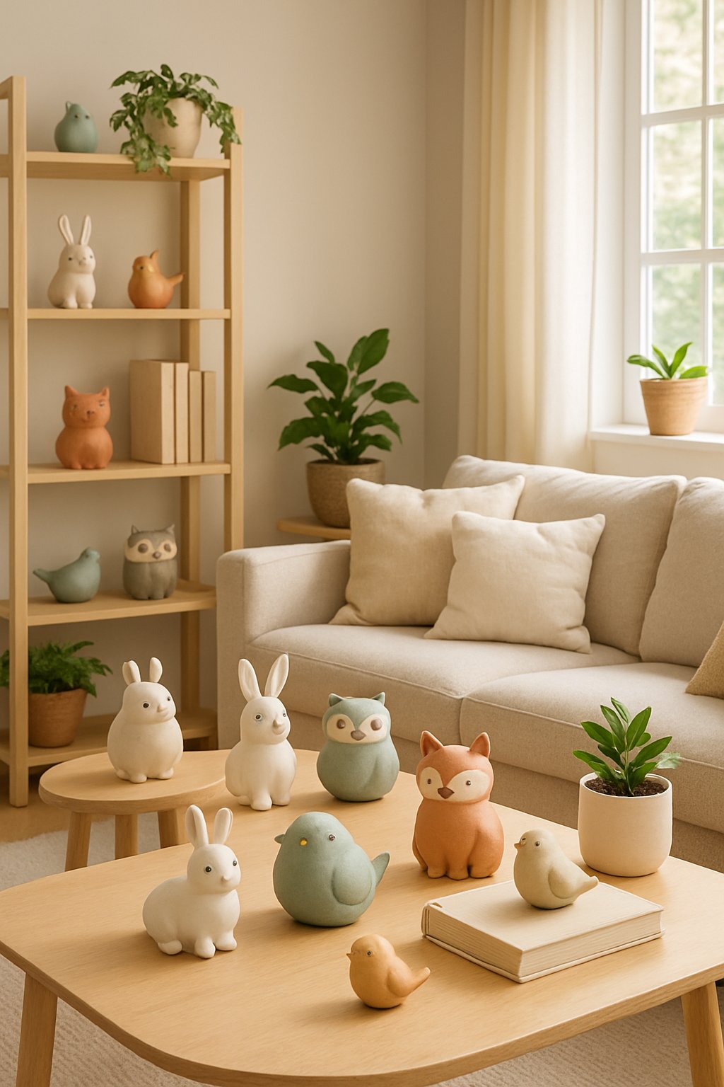 A cozy living room with shelves and tables displaying various cute ceramic animal figurines surrounded by comfortable furniture and plants.