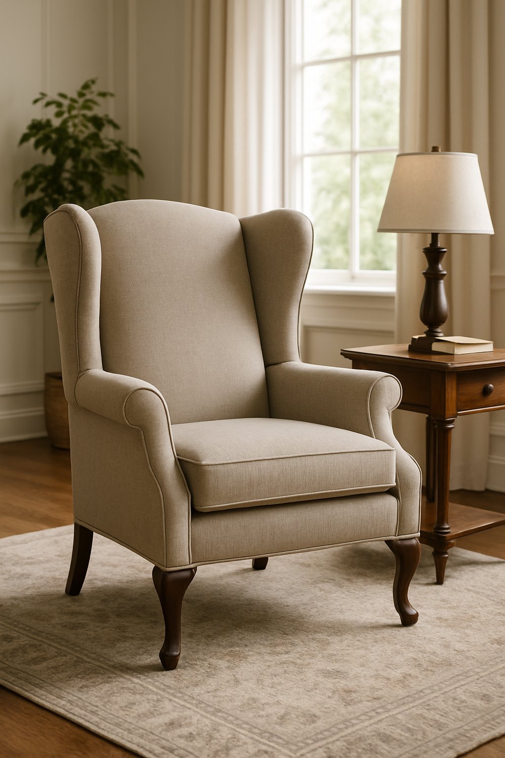 A classic wingback chair in a living room with a side table, lamp, books, and a window letting in natural light.