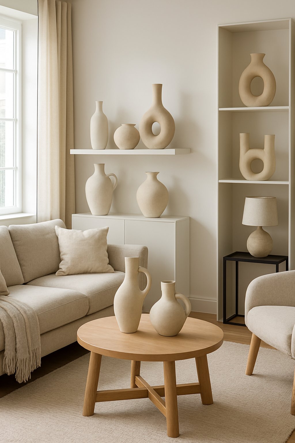 A living room with sculptural ceramic vases displayed on shelves and tables surrounded by comfortable seating and natural light.