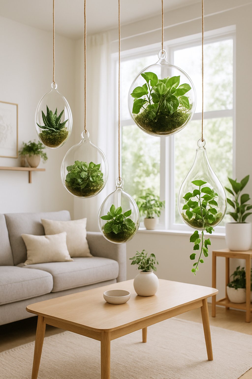 Living room with hanging glass terrariums filled with green plants near a window, surrounded by cozy furniture and indoor plants.