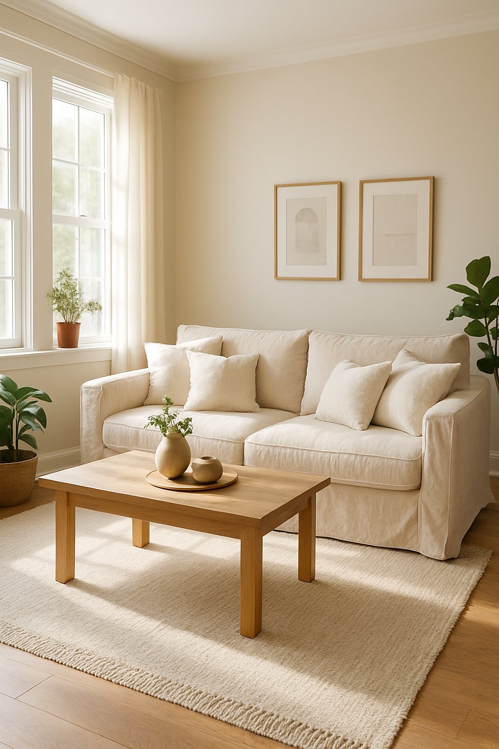 A living room with a sofa covered in light-colored slipcovers, a wooden coffee table, plants, and sunlight coming through large windows.