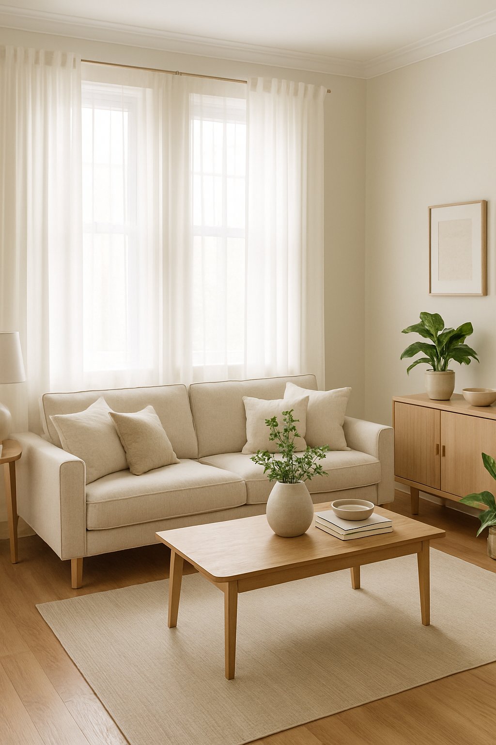 A bright living room with large windows covered by simple white curtains, a sofa, coffee table, and indoor plants.