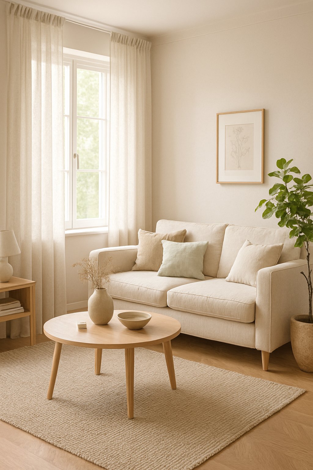 A living room with soft linen curtains over large windows, a sofa with cushions, a coffee table, a potted plant, and wooden flooring.
