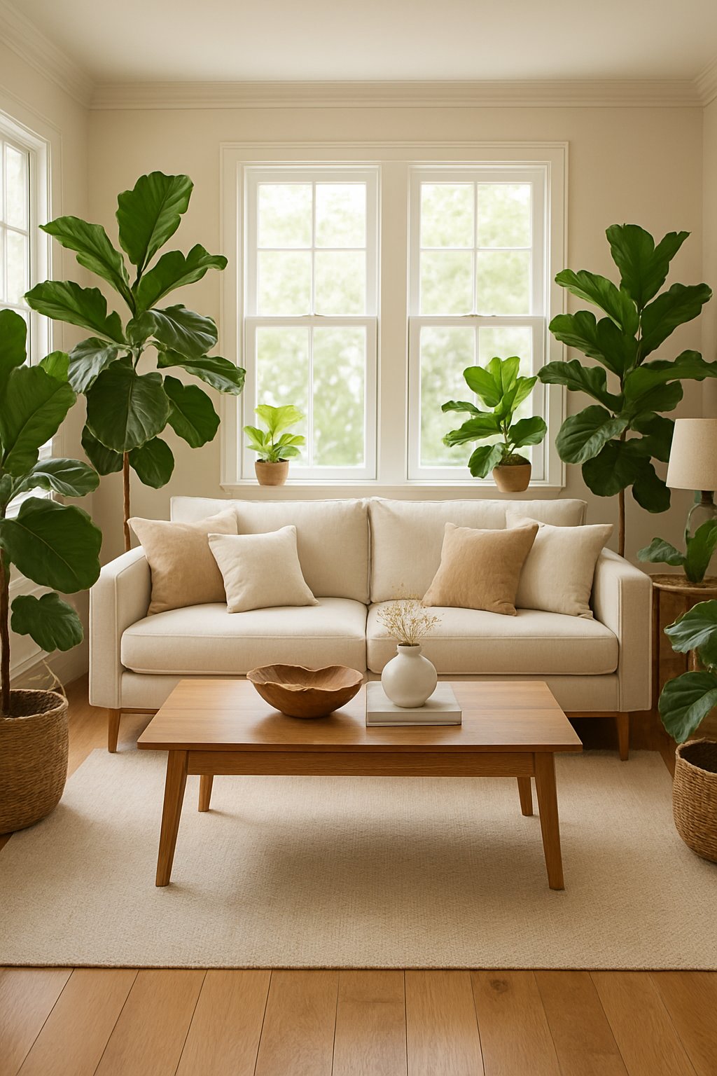 A living room with several fiddle leaf fig plants, a sofa, a wooden coffee table, and natural light coming through large windows.